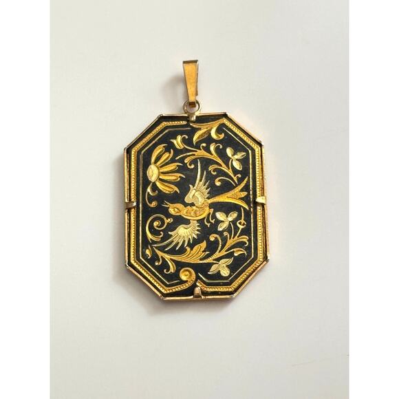 Vintage Damascene Bird With Flowers Gold Plated Pendant - Picture 1 of 7